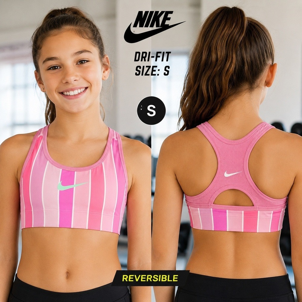 Nike Girls Reversible Sports Bra Pink Striped Dri-FIT Training Bra DD2388-693 S‎